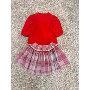 Tahari Girls Red Mock Neck Top and Plaid Mesh Tulle Skirt Set Size M 7/8 Holiday